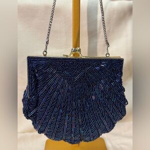 Beaded Navy Evening Clutch with Chain Strap